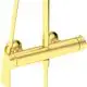 Duscharmatur in glänzendem Gold mit einer zentralen Bedieneinheit. Die Marke Ideal Standard ist deutlich sichtbar. Entwurf für eine moderne Dusche.